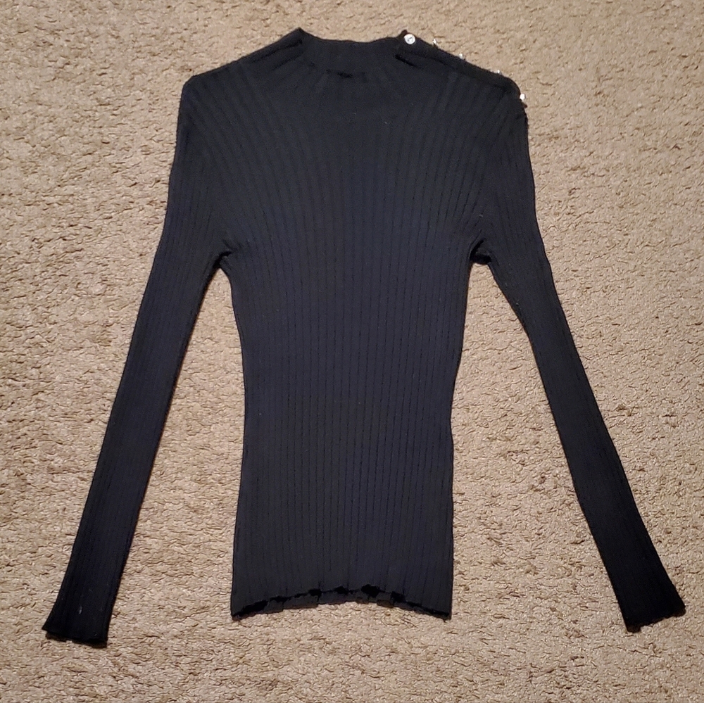 New York & Company Black Ribbed Long Sleeve Top